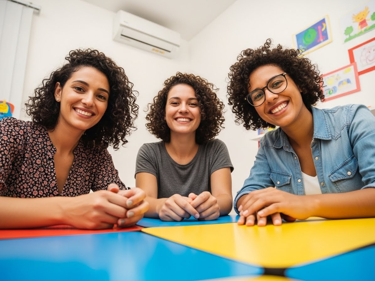 three multi-racial therapists sitted around a mini child desk